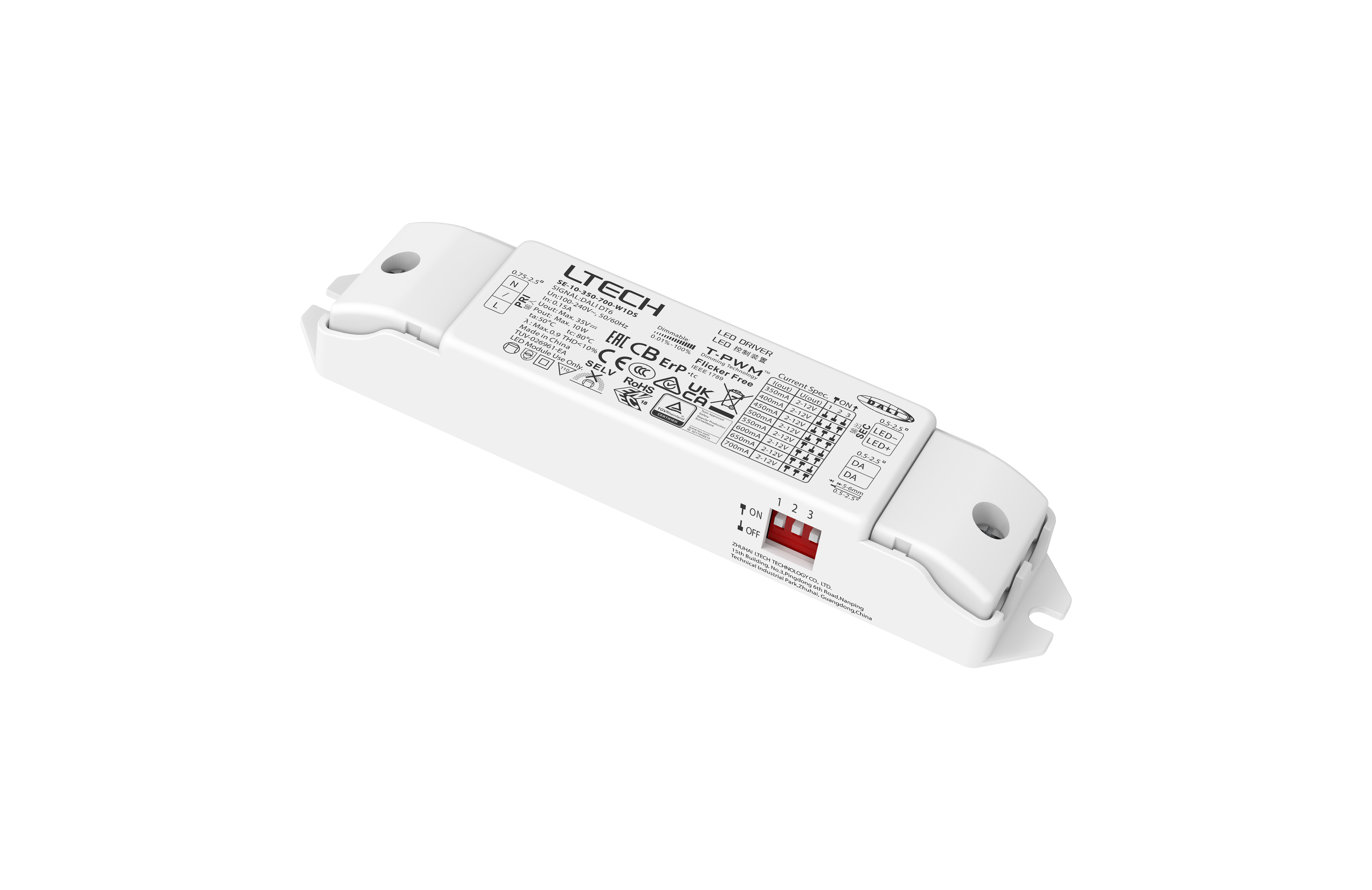 SE-10-350-700-W1DS  Intelligent LED Driver, DALI  0-100% Dim, PWM Digital Dim,DALI DT6, CC 10W 350-700mA 2-12Vdc  Out put Range.0.7-8.4W , IP20, 5yrs Warrenty.